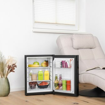 First Austria FA5172-2 thermo-elektrische mini koelkast 40 liter met glasdeur zwart in woonkamer