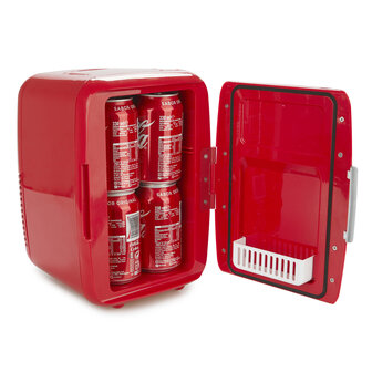 Balvi mini fridge English red 6 liter 27298 met blikjes drinken