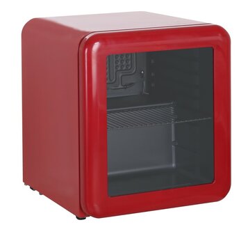 Exquisit mini koelkast met retro design en glazen deur rood KB50-RETRORED zijkant links
