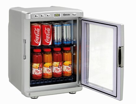 Bartscher 700089 thermo-elektrische mini koelkast 19 liter grijs gevuld met blikjes en flesjes drinken