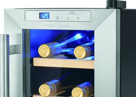 Proficook WK1231 glasdeur wijnkoelkast 6 flessen zwart zilver 501231 voorkant digitale display