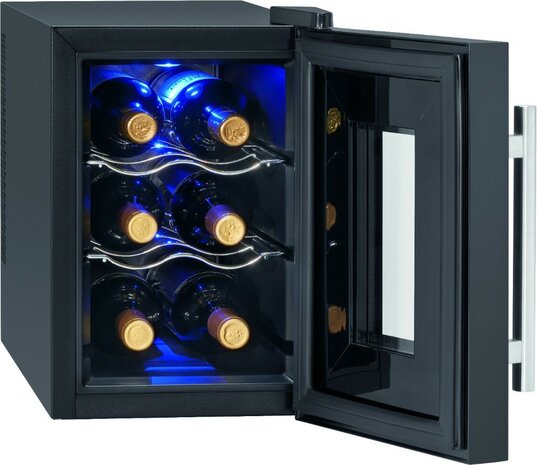 Proficook WK1230 glasdeur wijnkoelkast 6 flessen zwart 501230 voorkant geopend