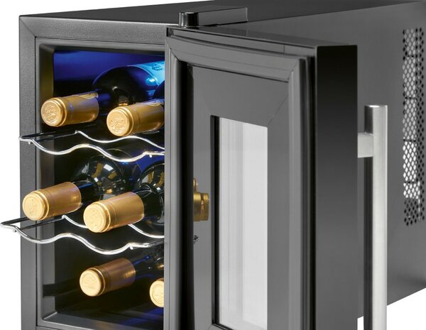 Proficook WK1230 glasdeur wijnkoelkast 6 flessen zwart 501230 voorkant geopend met flessen
