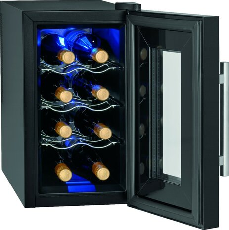 Proficook WK1232 glasdeur wijnkoelkast 8 flessen zwart 501232 binnenkant met blauwe ledverlichting en flessen