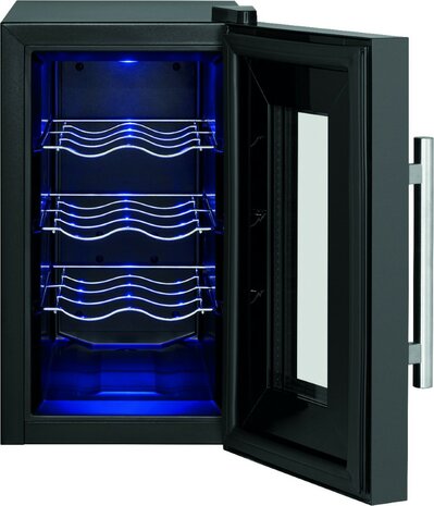 Proficook WK1232 glasdeur wijnkoelkast 8 flessen zwart 501232 binnenkant met blauwe ledverlichting leeg