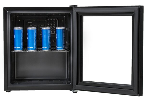 Husky mini koelkast zwart met glazen deur 48 liter KK50-CNS-NL-HU geopend met blikjes