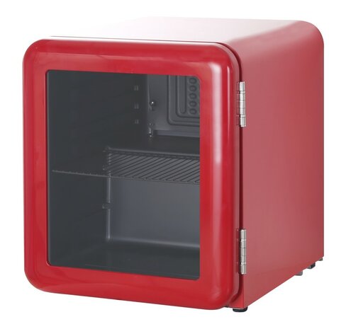 Exquisit mini koelkast met retro design en glazen deur rood KB50-RETRORED zijkant rechts