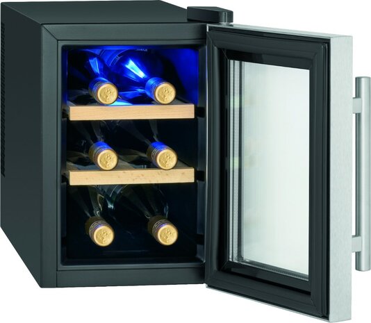 Proficook WK1231 glasdeur wijnkoelkast 6 flessen zwart zilver 501231 voorkant binnenkant